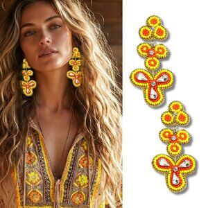 Orange Gold Beaded Crystal Chandelier 4" Long Boho Hippie Bohemian Earrings